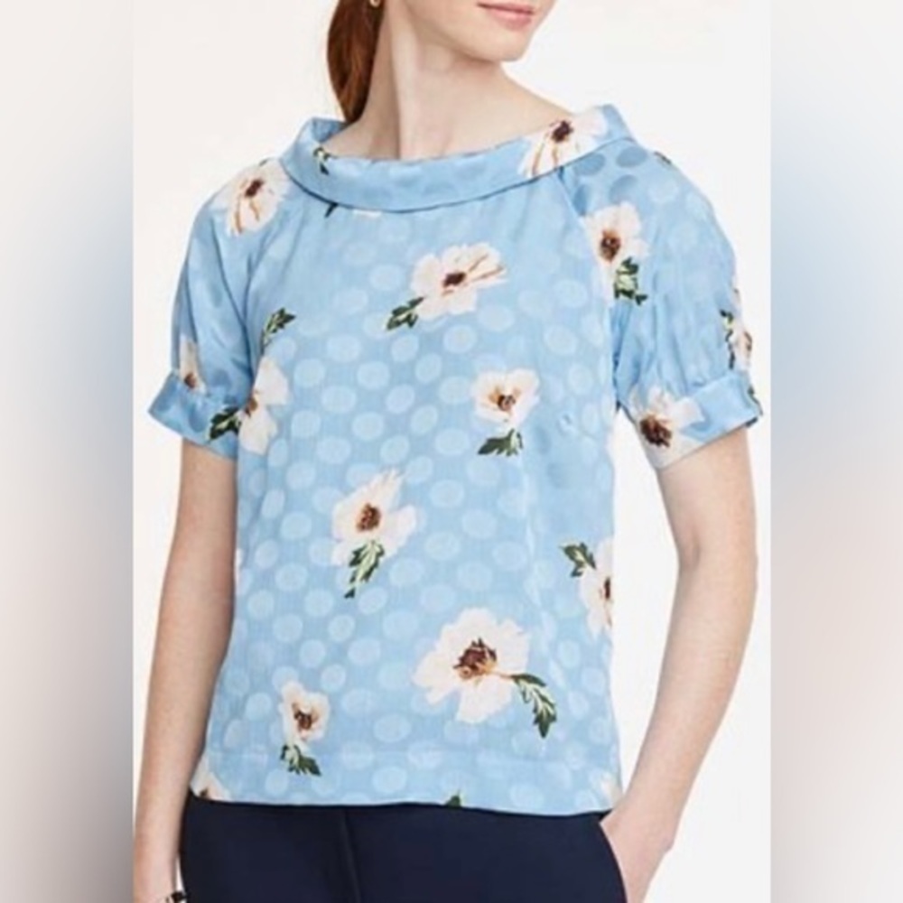 Ann Taylor XS‎ Petite floral blouse mandarin collar Beautiful satiny Dressy j14